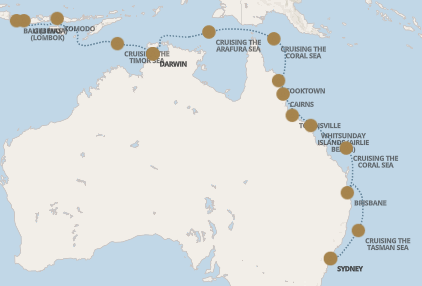 Map of the Coral Coasts to Opera House voyage route