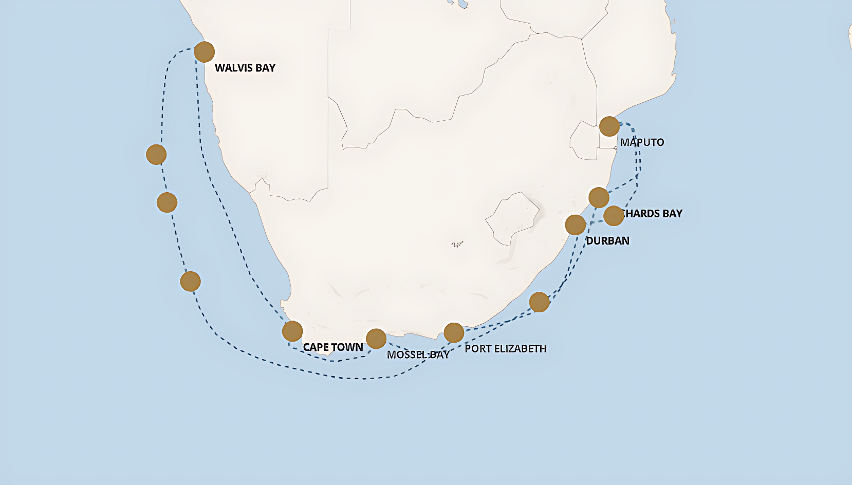 Map of the Namibian Nights & Bayside Beauty voyage route